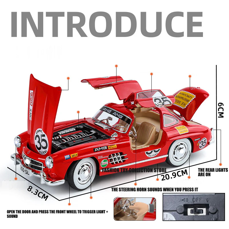 1:24 300SL 35# Vintage Classic Alloy Car Model Diecasts Toy With Sound and Light - Image 3