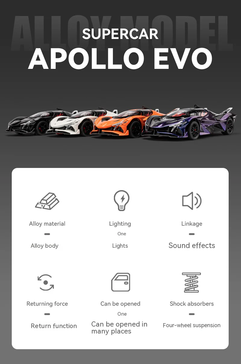 1:24 Apollo EVO IE Car Model Toy Pull Back Alloy Diecast Doors Opened Sound Light Miniature Vehicle Models - Image 6