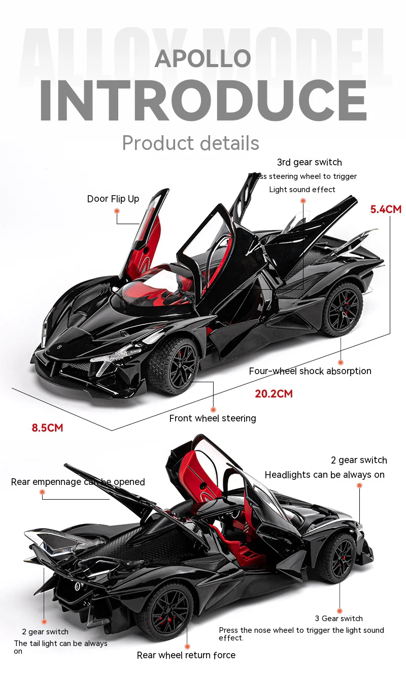 1:24 Apollo EVO IE Car Model Toy Pull Back Alloy Diecast Doors Opened Sound Light Miniature Vehicle Models - Image 8