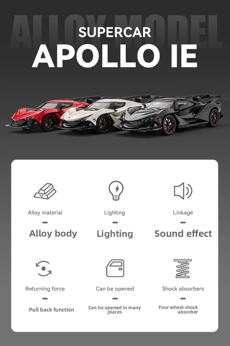 1:24 Apollo IE Alloy Super Sports Model with Sound-Light, Pullback & Display Stand - Image 4