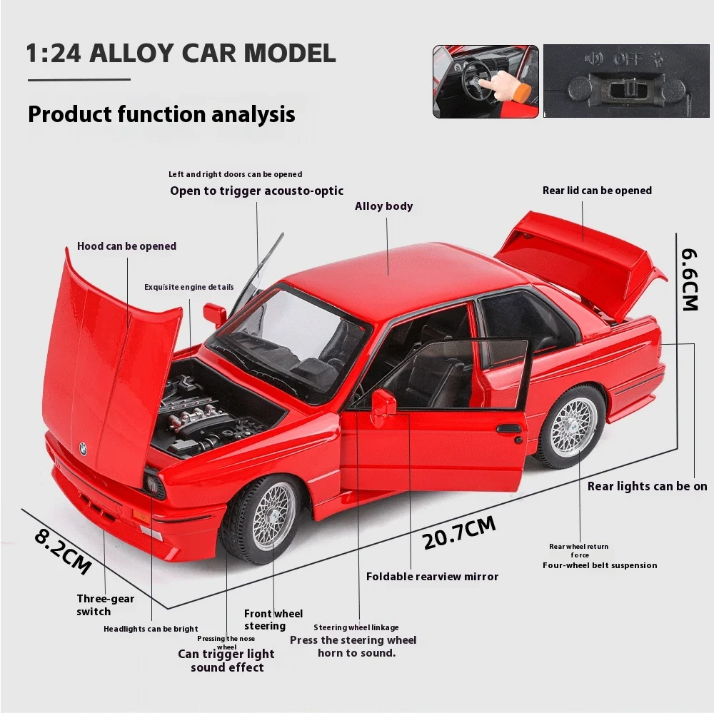 1:24 BMW M3 1988 Diecast Alloy Street Car Mode  with Sound-Light & Pull-Back - Image 5