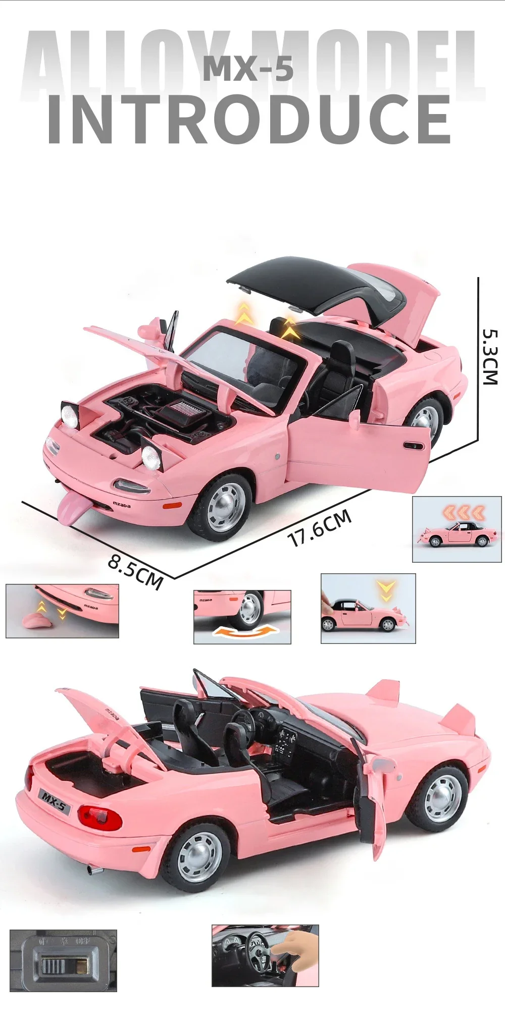 1:24 MAZDA MX-5 Alloy Sports Car Model Diecast Metal Race Car Vechiles Model Sound and Light - Image 6