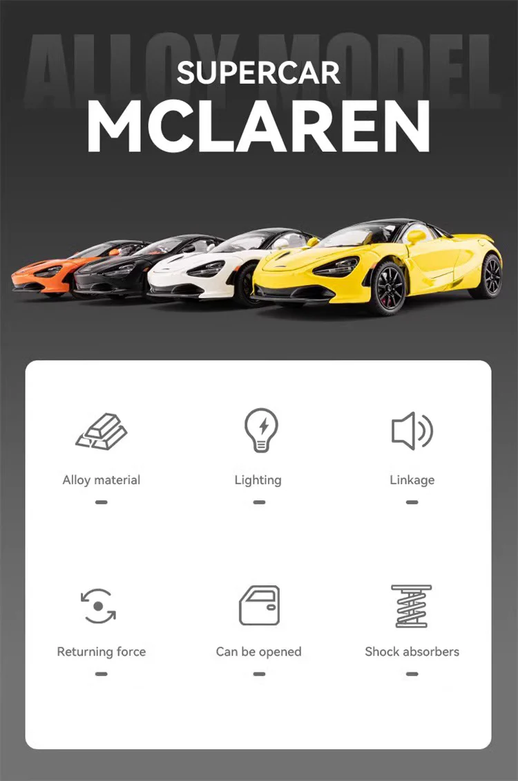 1:24 McLaren 720s Super Sportcar Alloy Model with Sound & Light, Miniature Presents - Image 11