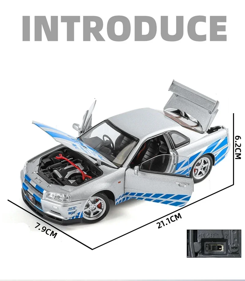 1:24 Nissan Skyline Ares GTR R34 Alloy Sports Car Model Diecasts Metal Racing Car Vehicles Model Sound and Light - Image 5