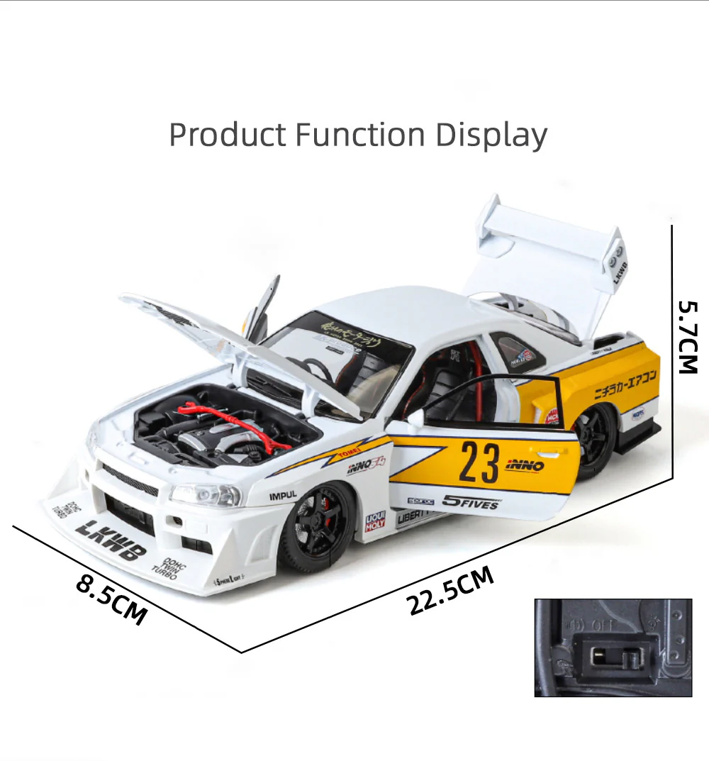 1:24 Scale GTR R34 Wide Body Alloy Model Decorate Sports Car With LED Lights Engine Sound Effects Diecast - Image 3