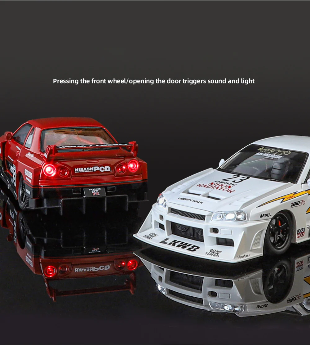 1:24 Scale GTR R34 Wide Body Alloy Model Decorate Sports Car With LED Lights Engine Sound Effects Diecast - Image 4