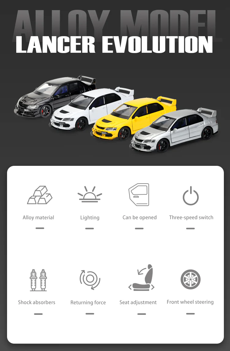 1:32 Mitsubishi Lancer Evolution Alloy Sports Model with Sound-Light & Pull-Back - Image 6
