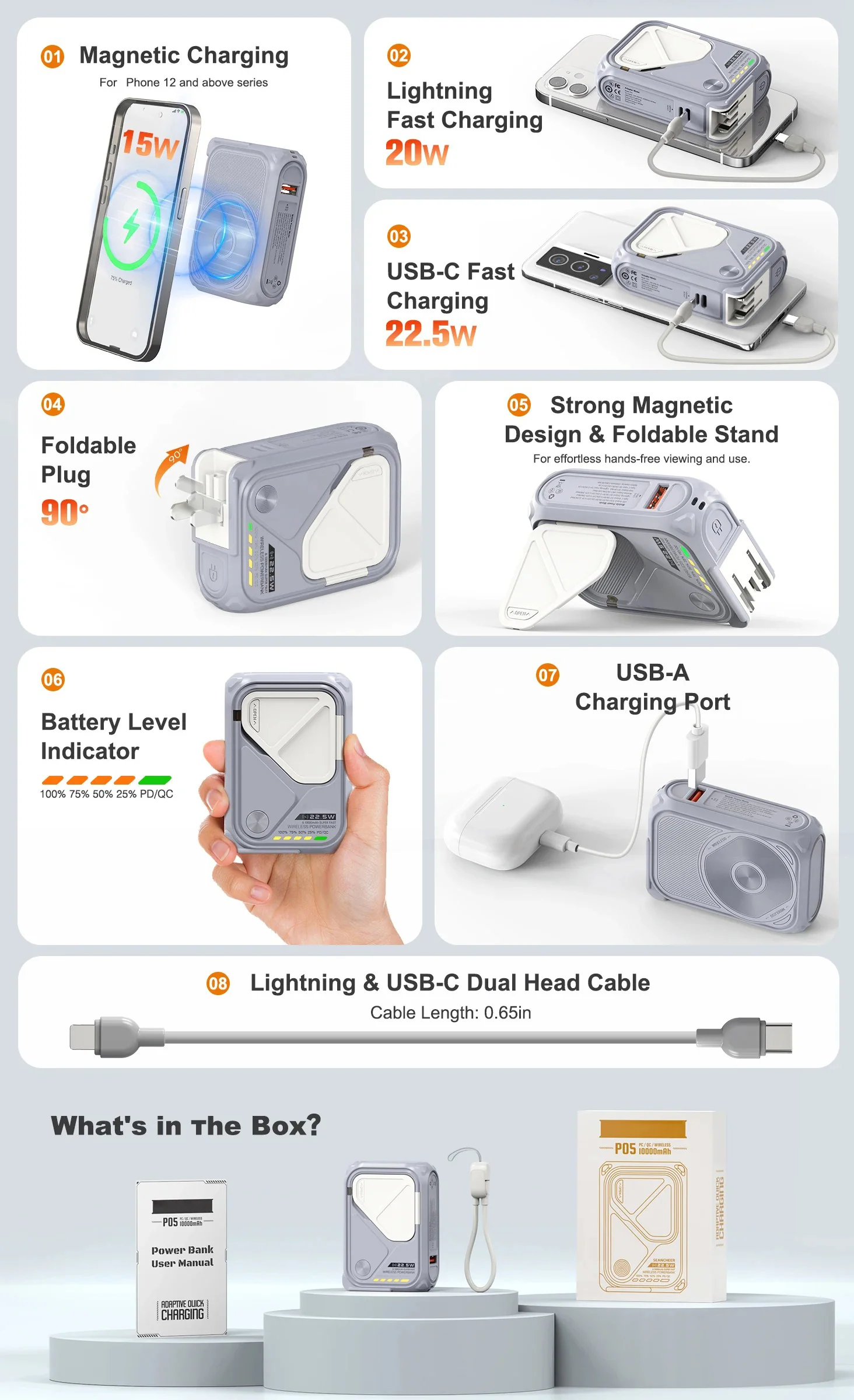 10000mAh 22.5W PD Magnetic Wireless Power Bank: USB-C Detachable Cable, Phone Holder - Image 10