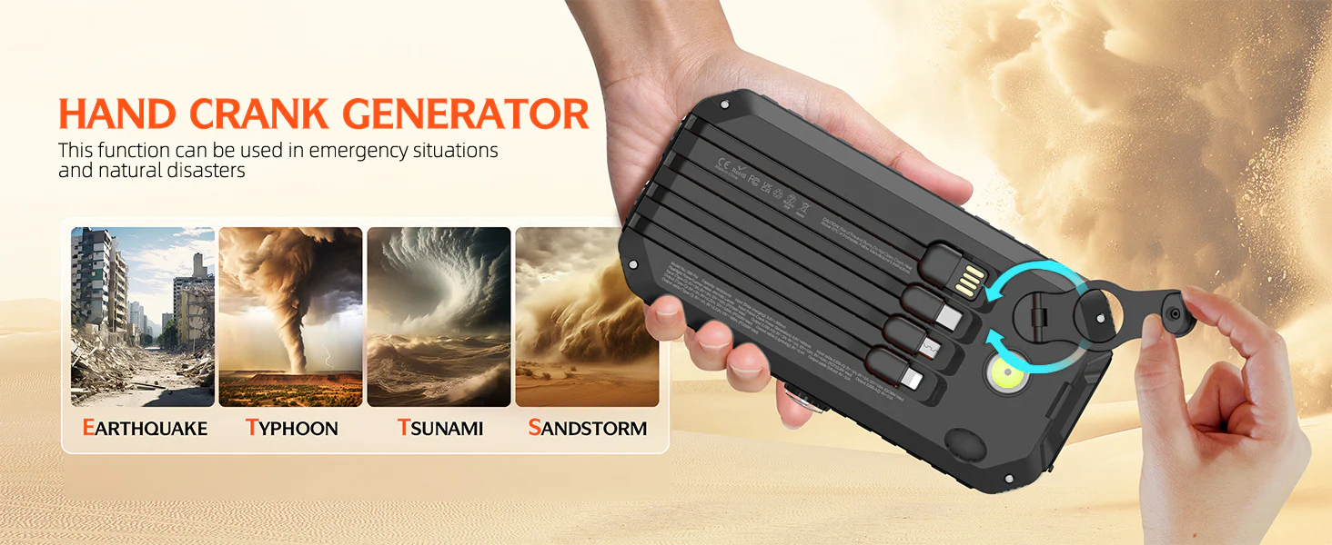 20000mAh Solar Power Bank: 4 Built-in Cables, Hand Crank, 6 Outputs/4 Inputs - Image 12