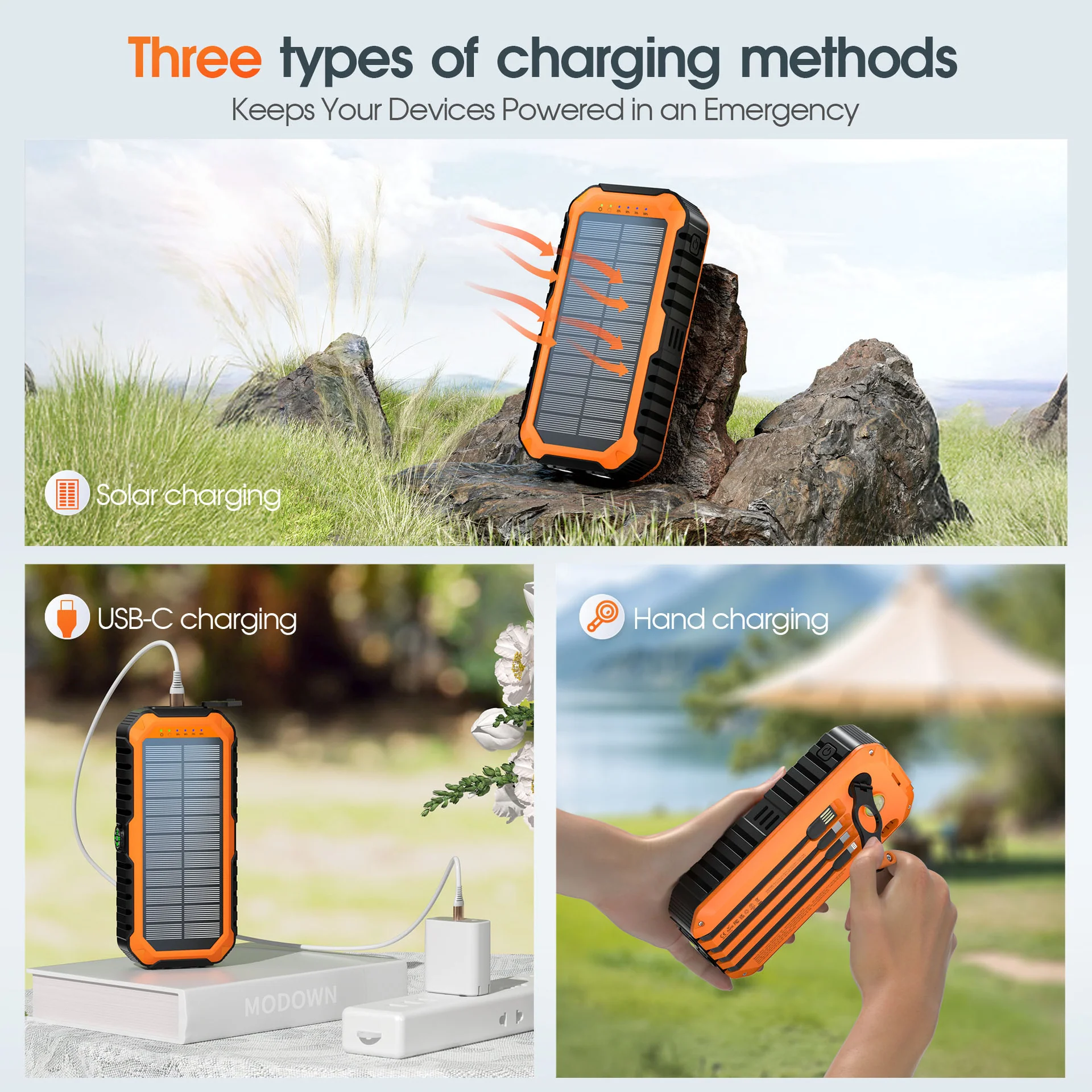 20000mAh Solar Power Bank: 4 Built-in Cables, Hand Crank, 6 Outputs/4 Inputs - Image 22