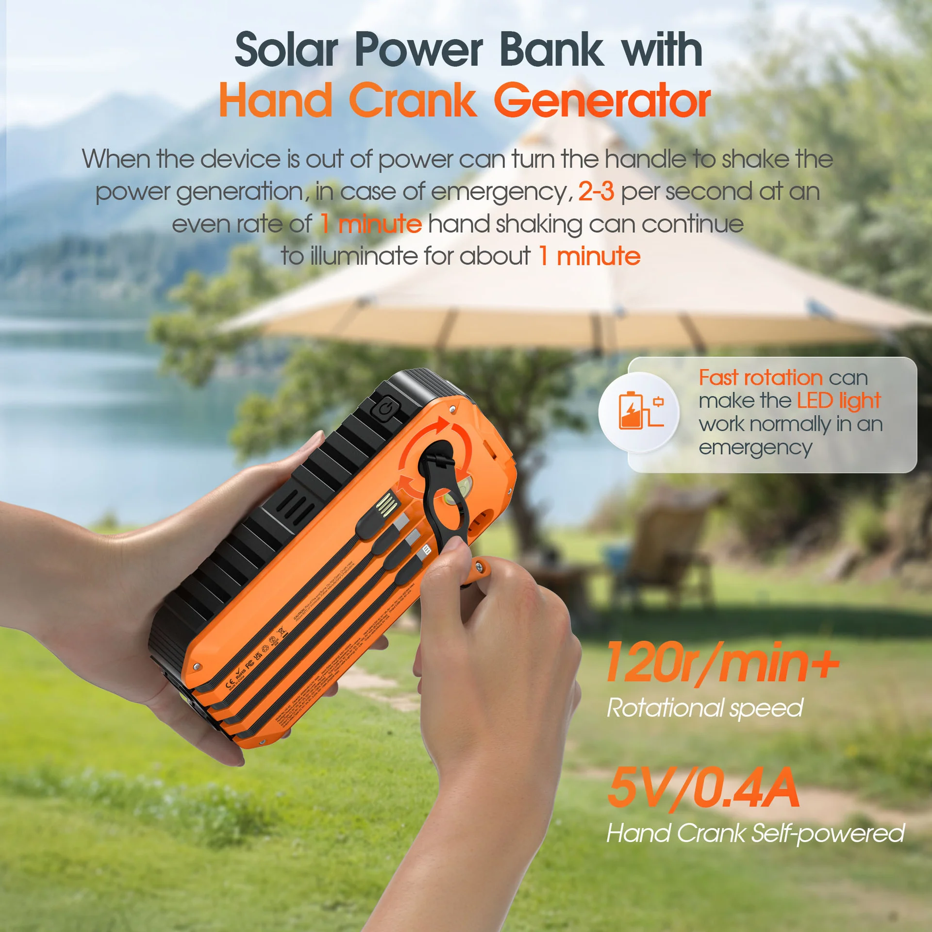 20000mAh Solar Power Bank: 4 Built-in Cables, Hand Crank, 6 Outputs/4 Inputs - Image 27