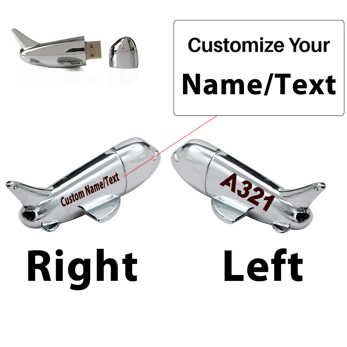 A321 Flat Text Designed Airplane Shape USB Drives