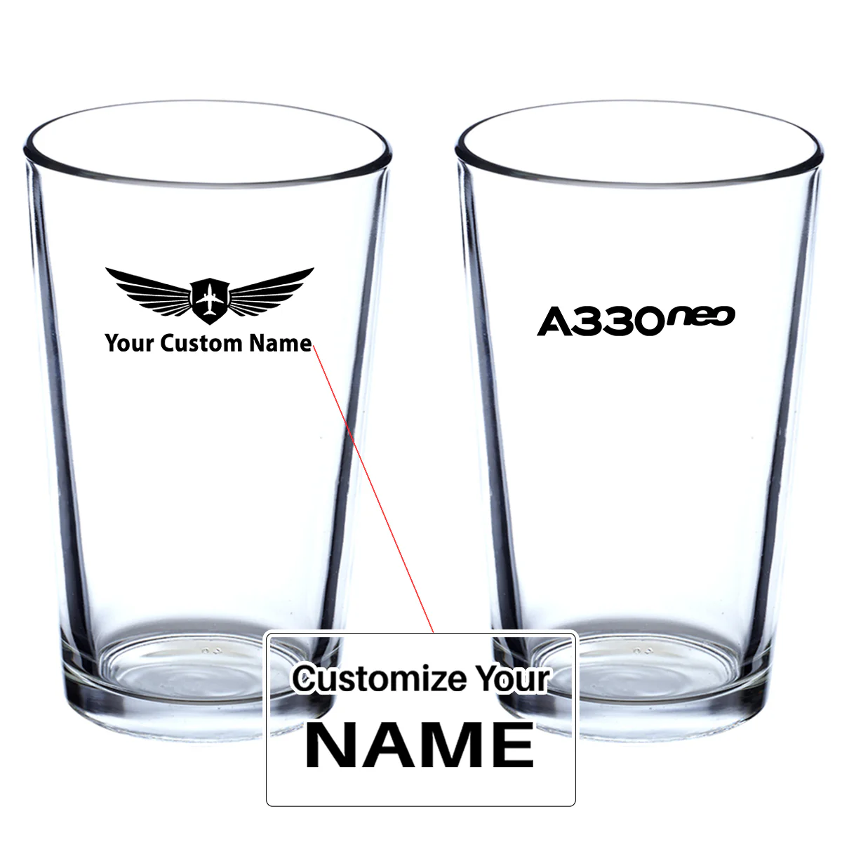 A330neo & Text Designed Beer & Water Glasses