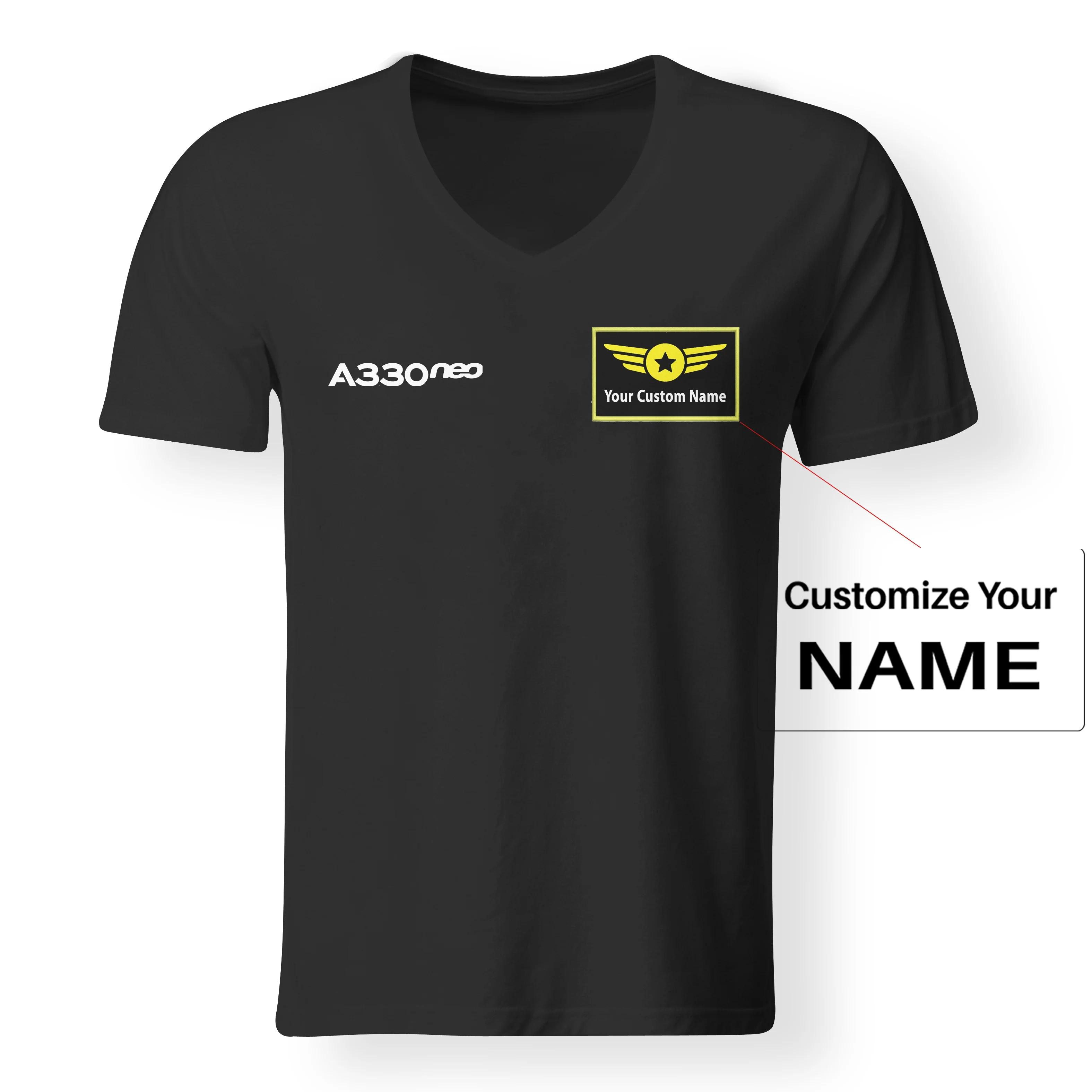 A330neo & Text Designed V-Neck T-Shirts