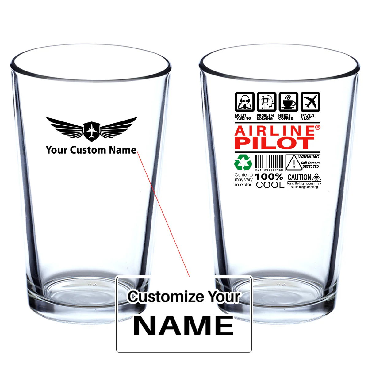 Airline Pilot Label Designed Beer & Water Glasses