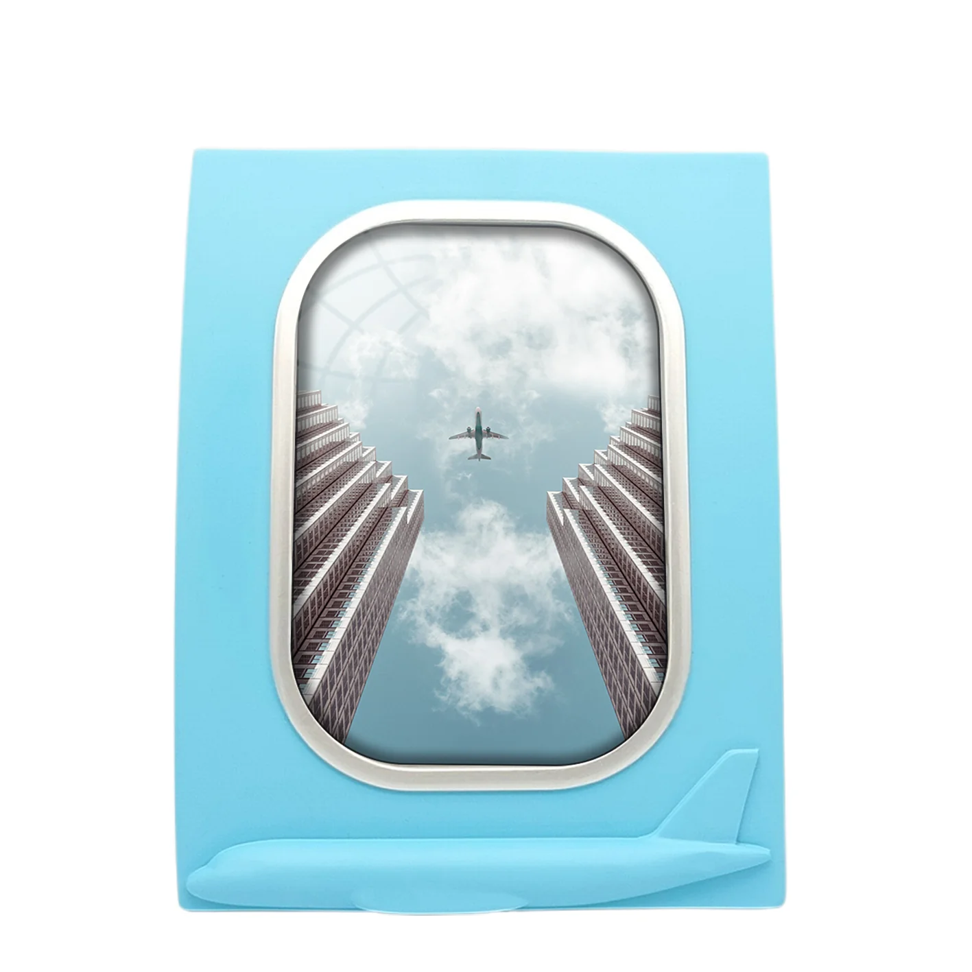 Airplane Flying over Big Buildings Designed Airplane Window Photo Frame