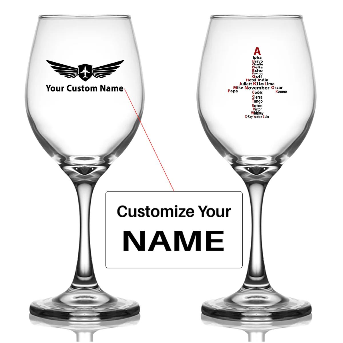 Airplane Shape Aviation Alphabet Designed Wine Glasses