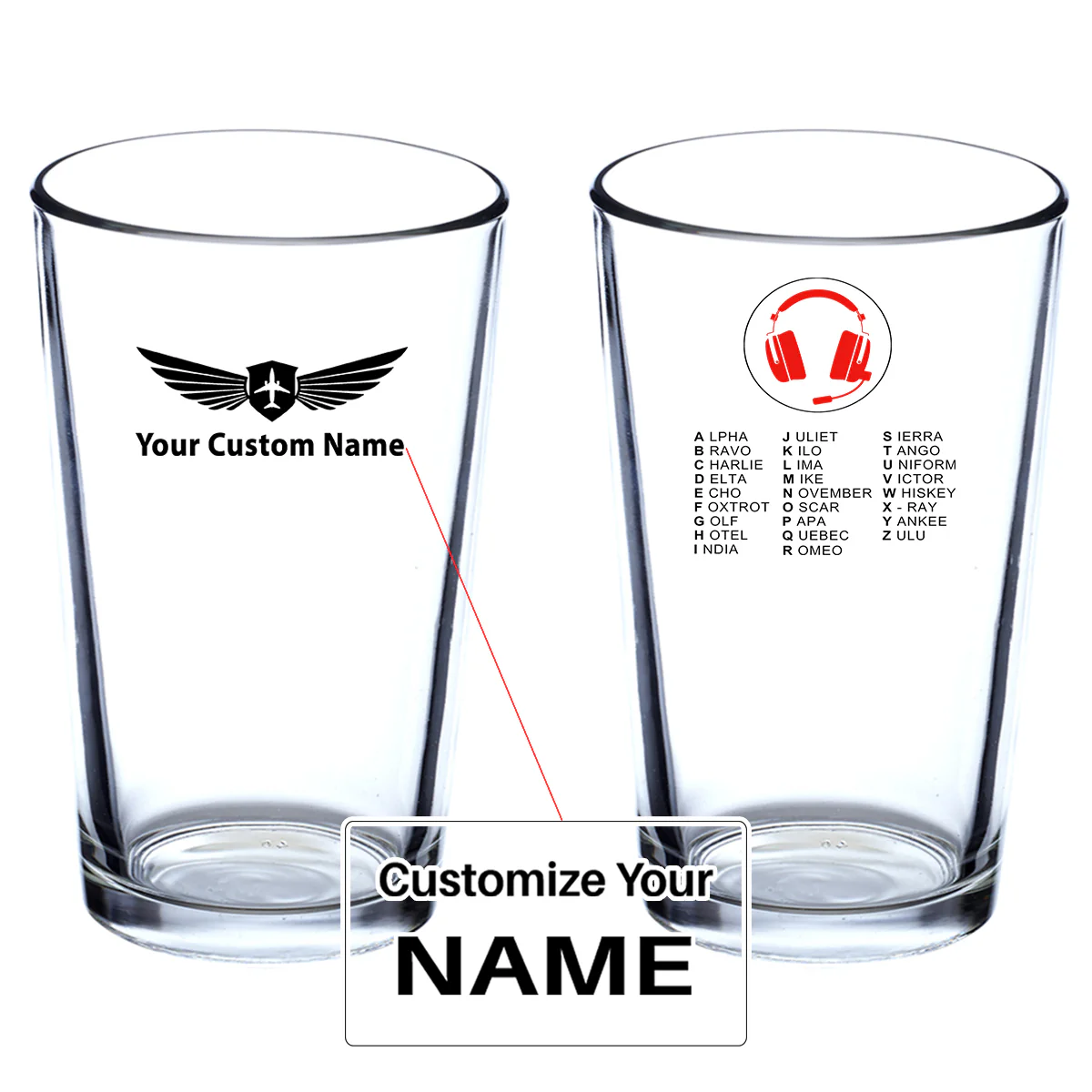 Aviation Alphabet 3 Designed Beer & Water Glasses