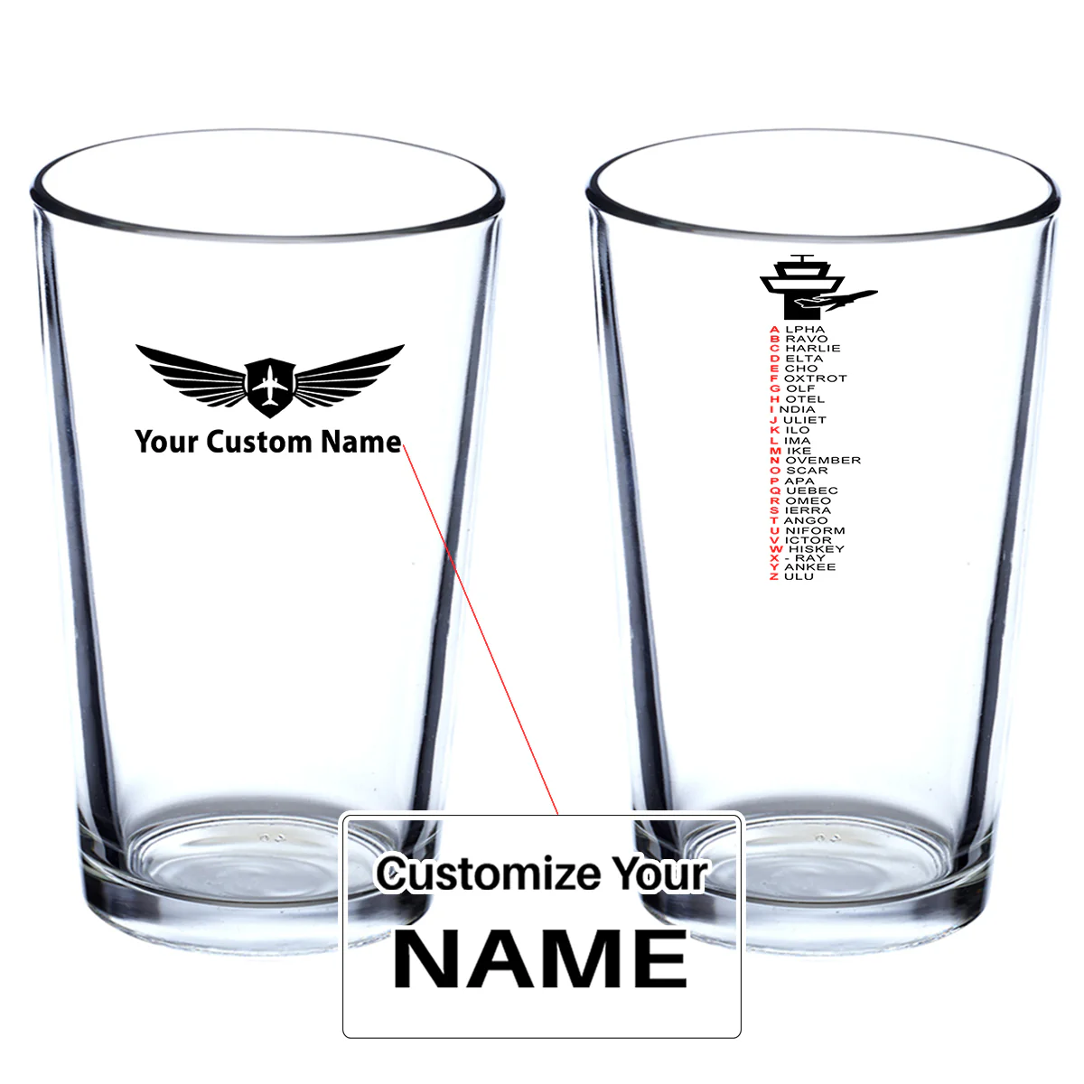 Aviation Alphabet Designed Beer & Water Glasses