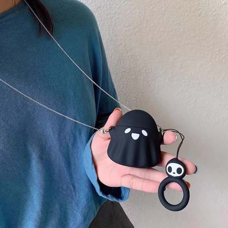 Black Ghost Designed AirPods Protective Cover: Cute Cartoon Silicone Soft Shell