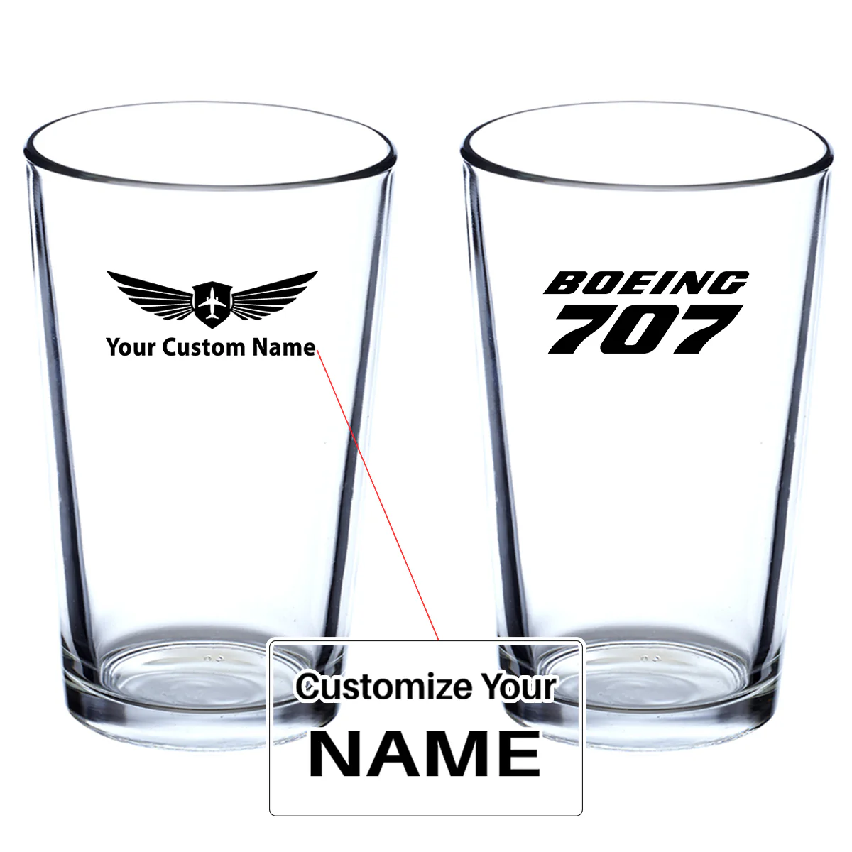Boeing 707 & Text Designed Beer & Water Glasses