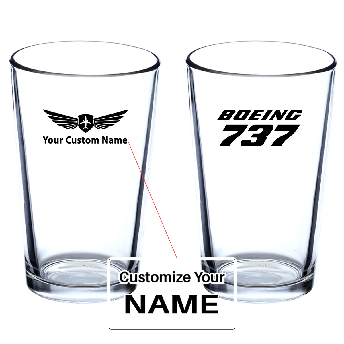 Boeing 737 & Text Designed Beer & Water Glasses