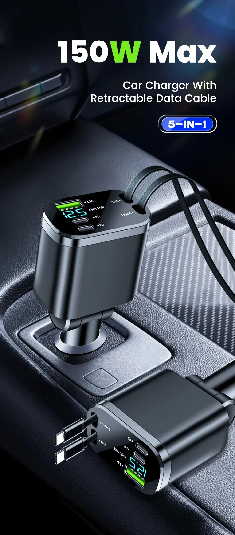 Car Charger: Cigarette Lighter Adapter, Voltage Display, Retractable Cable (For iOS/Android) - Image 3