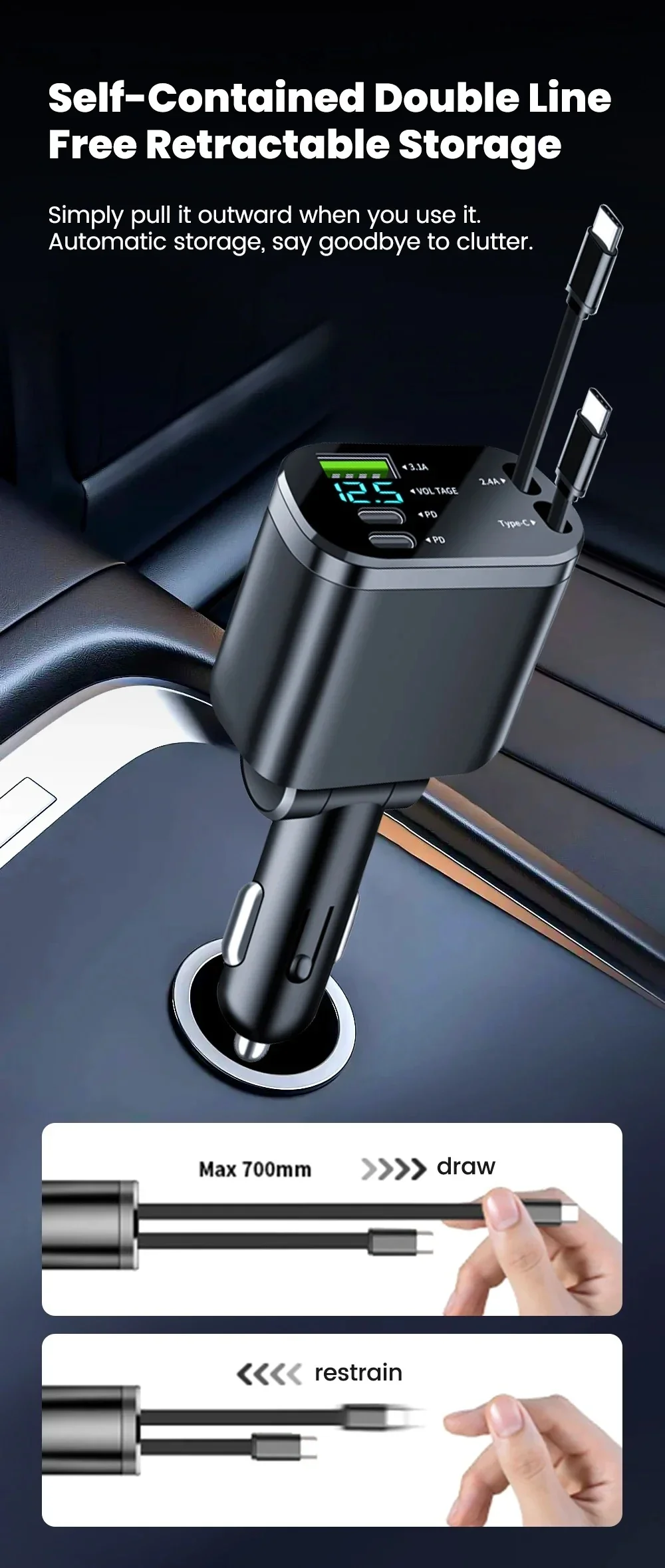 Car Charger: Cigarette Lighter Adapter, Voltage Display, Retractable Cable (For iOS/Android) - Image 5
