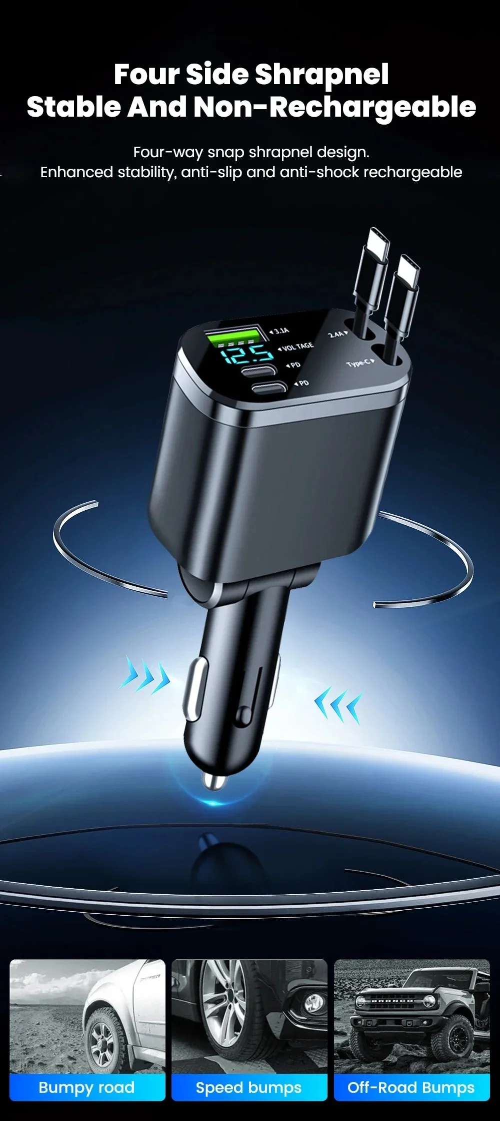 Car Charger: Cigarette Lighter Adapter, Voltage Display, Retractable Cable (For iOS/Android) - Image 7
