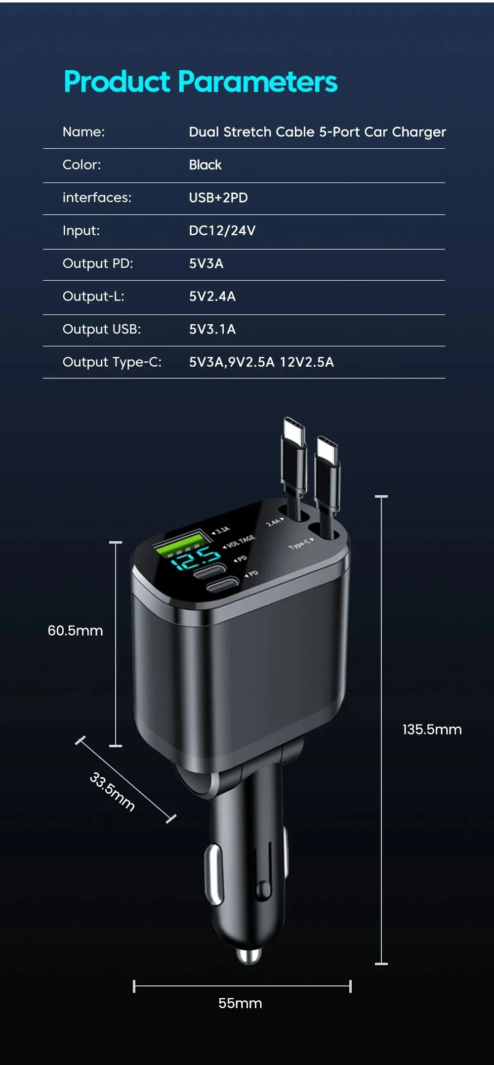 Car Charger: Cigarette Lighter Adapter, Voltage Display, Retractable Cable (For iOS/Android) - Image 9