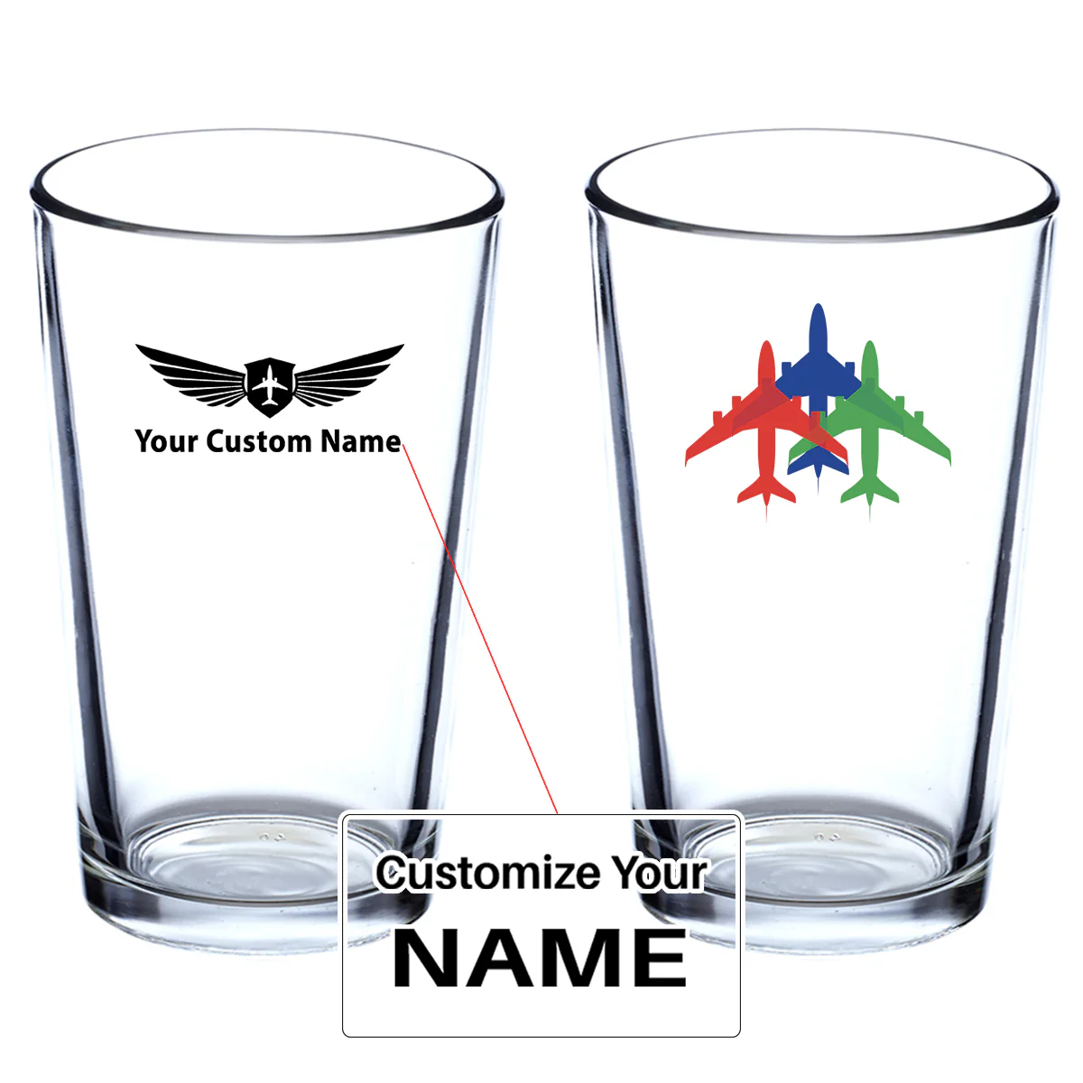 Colourful 3 Airplanes Designed Beer & Water Glasses