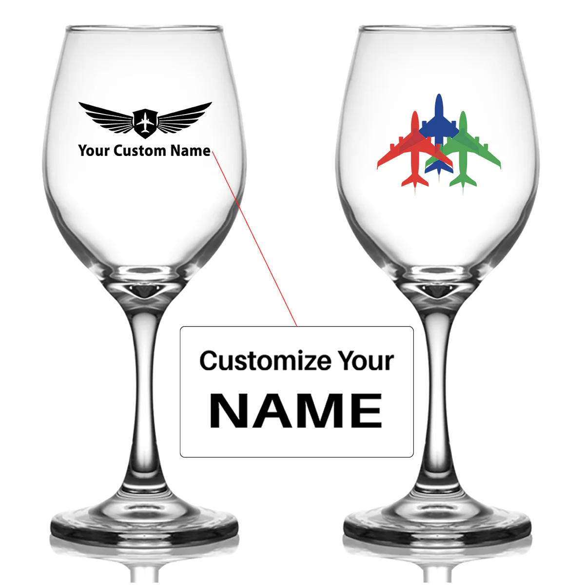 Colourful 3 Airplanes Designed Wine Glasses