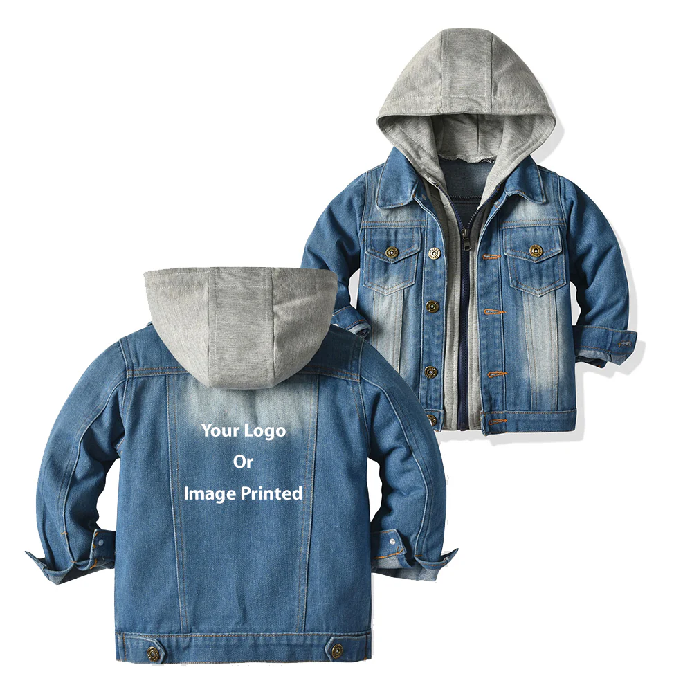Custom Design Image Logo Designed Children Hooded Denim Jackets - Image 2