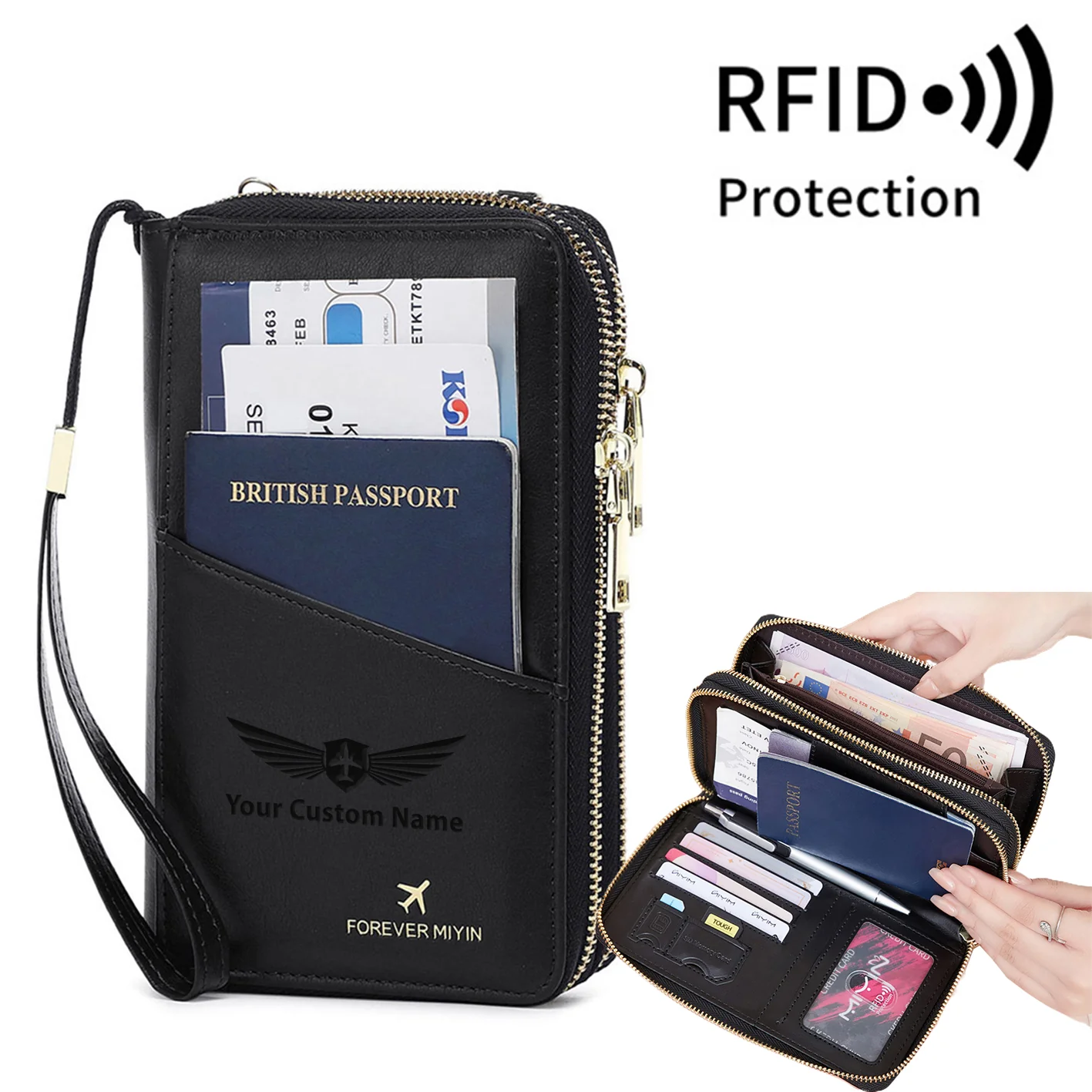 Custom Name Designed RFID Multi-Function Travel Zipper Passport Bag Long Passport Clip - Image 2