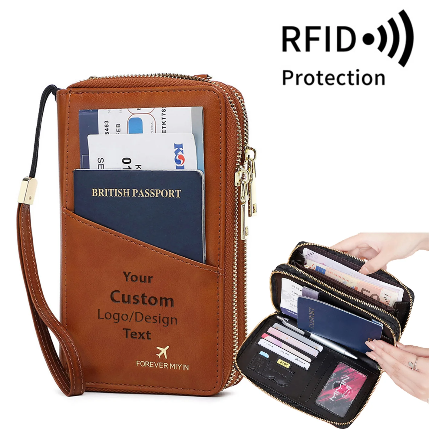 Custom Text  & Name Designed RFID Multi-Function Travel Zipper Passport Bag Long Passport Clip - Image 3