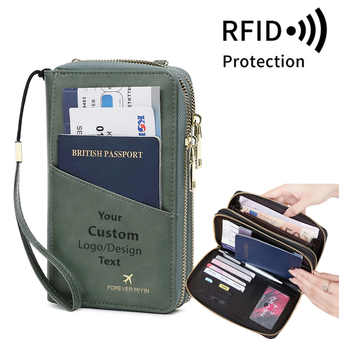 Custom Text  & Name Designed RFID Multi-Function Travel Zipper Passport Bag Long Passport Clip - Image 4