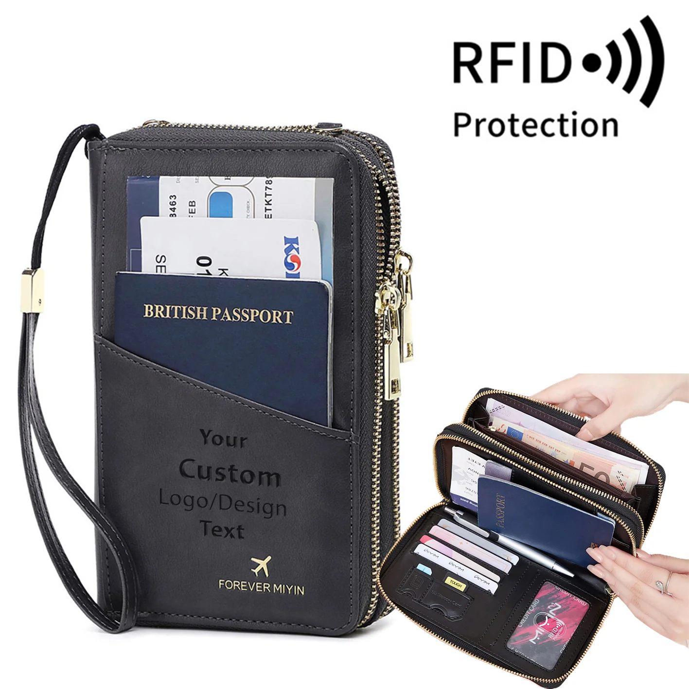 Custom Text  & Name Designed RFID Multi-Function Travel Zipper Passport Bag Long Passport Clip - Image 5