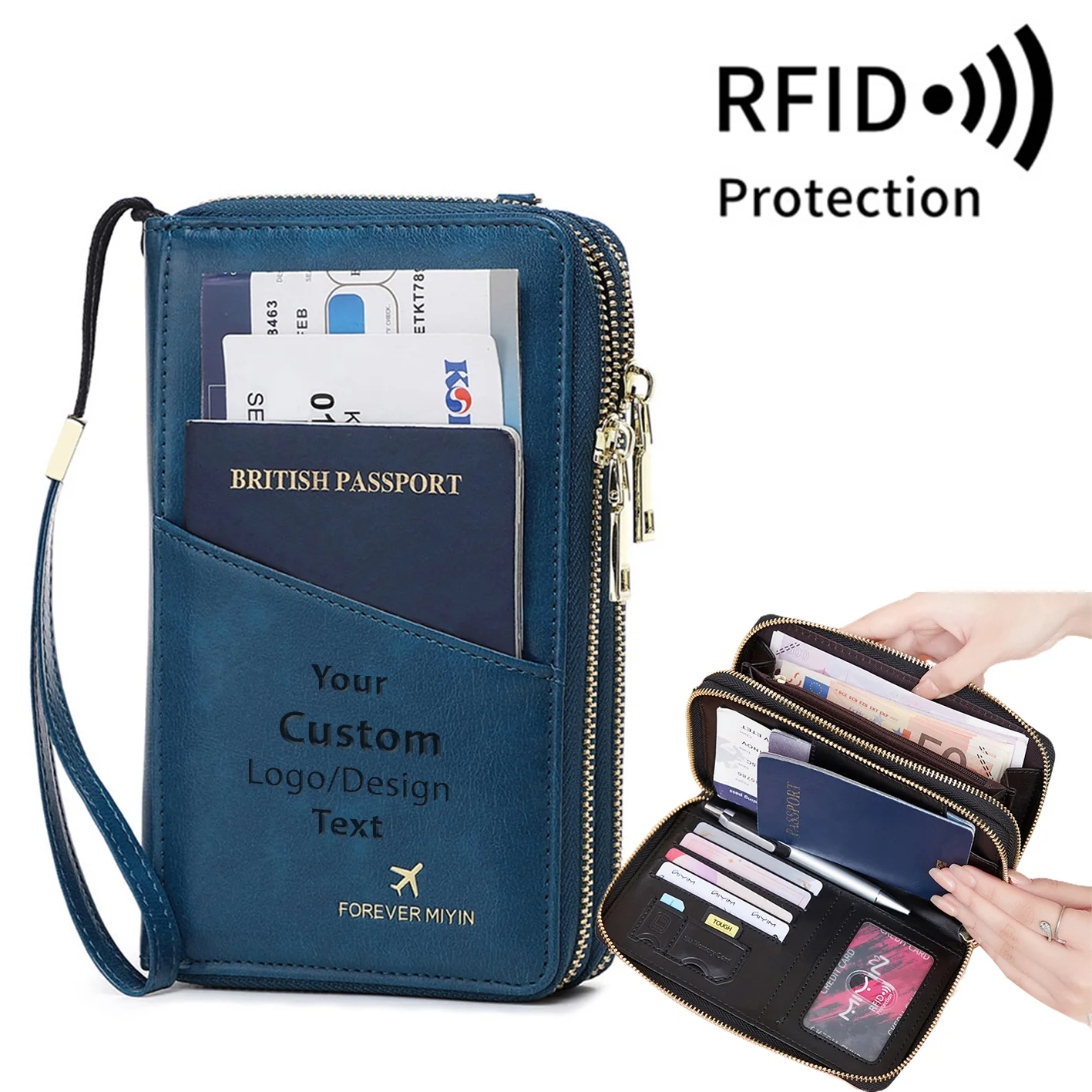 Custom Text  & Name Designed RFID Multi-Function Travel Zipper Passport Bag Long Passport Clip - Image 6