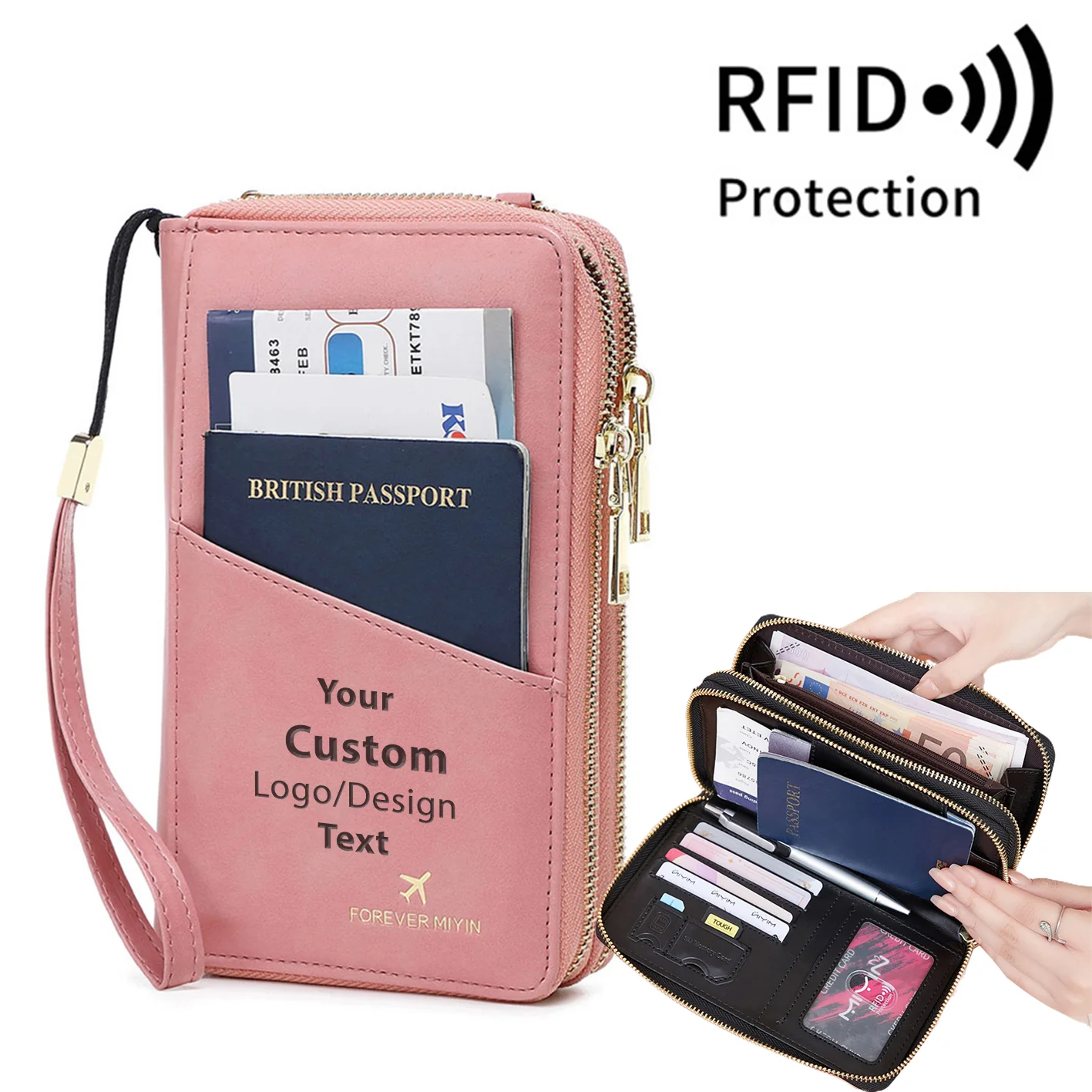 Custom Text  & Name Designed RFID Multi-Function Travel Zipper Passport Bag Long Passport Clip - Image 7