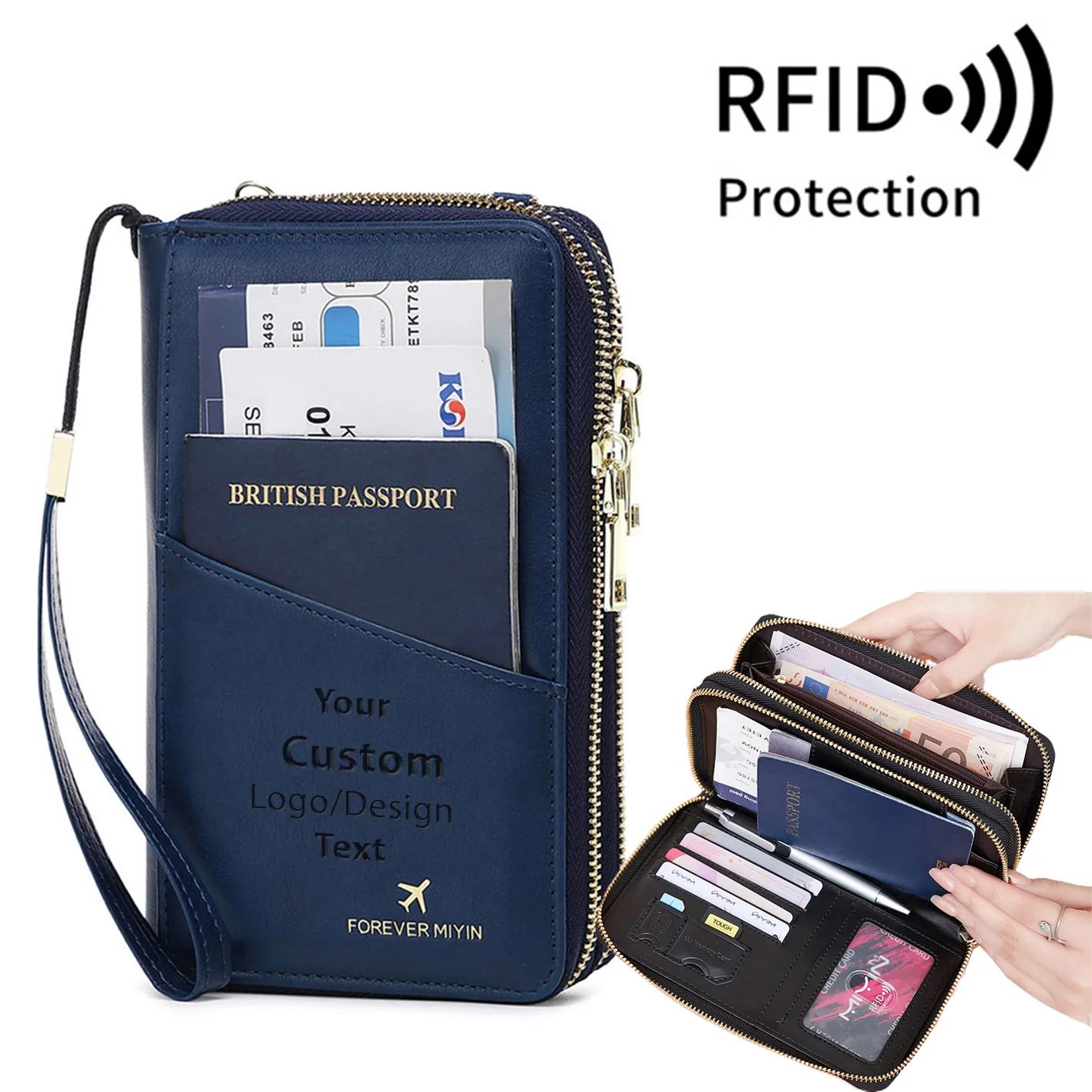Custom Text  & Name Designed RFID Multi-Function Travel Zipper Passport Bag Long Passport Clip - Image 8