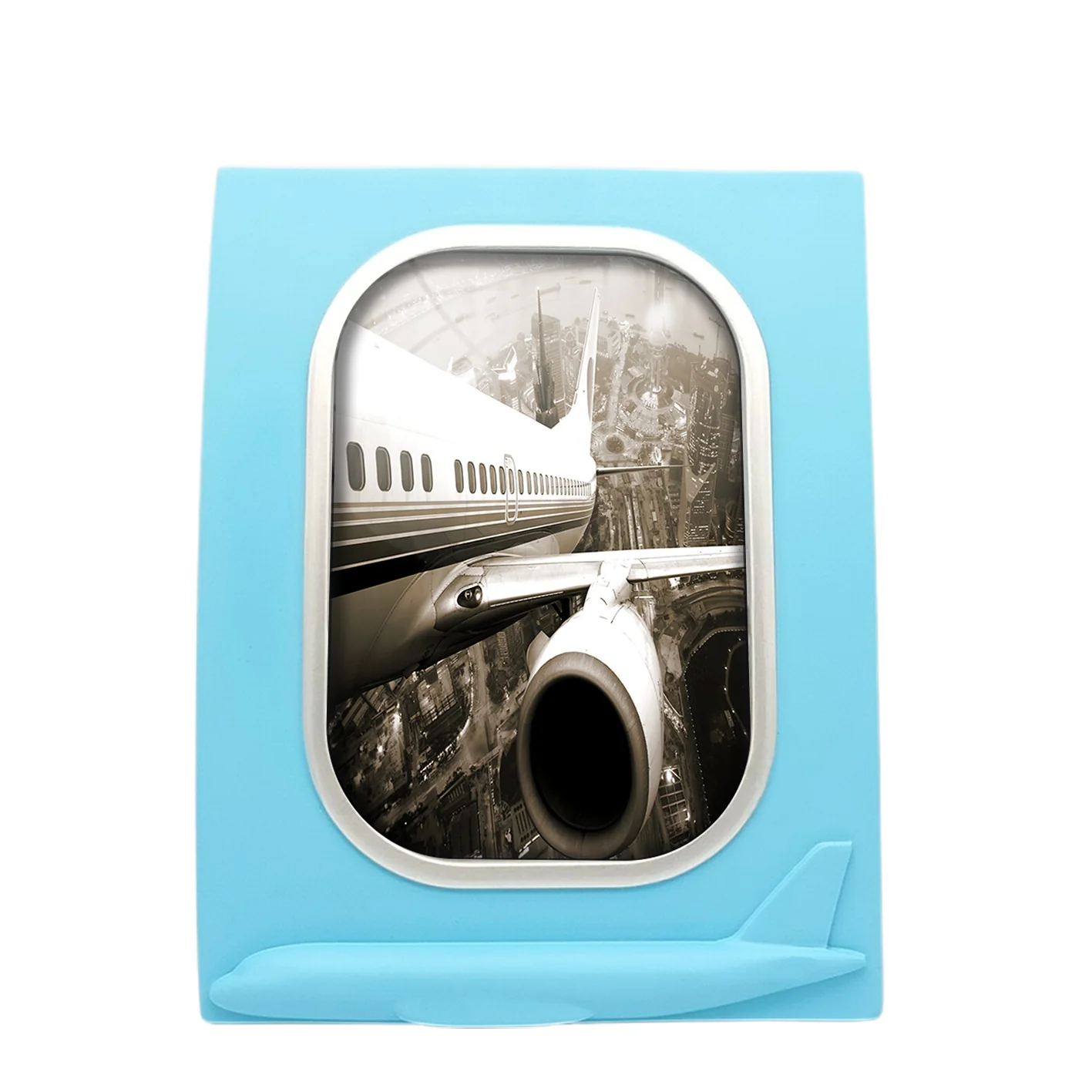Departing Aircraft & City Scene behind Designed Airplane Window Photo Frame