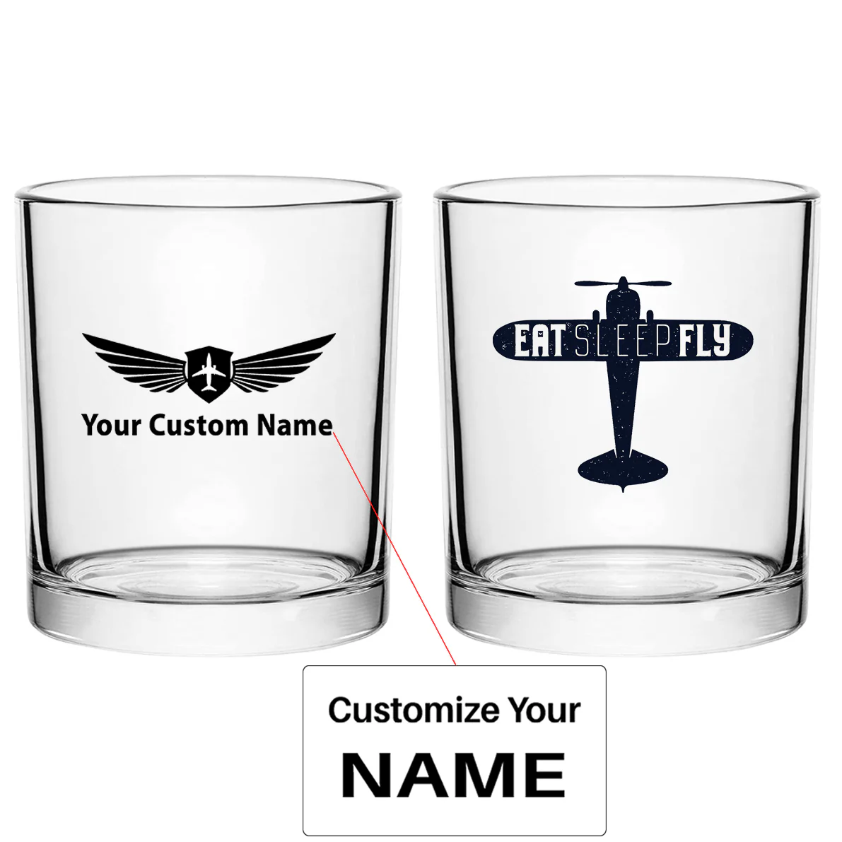 Eat Sleep Fly & Propeller Designed Special Whiskey Glasses