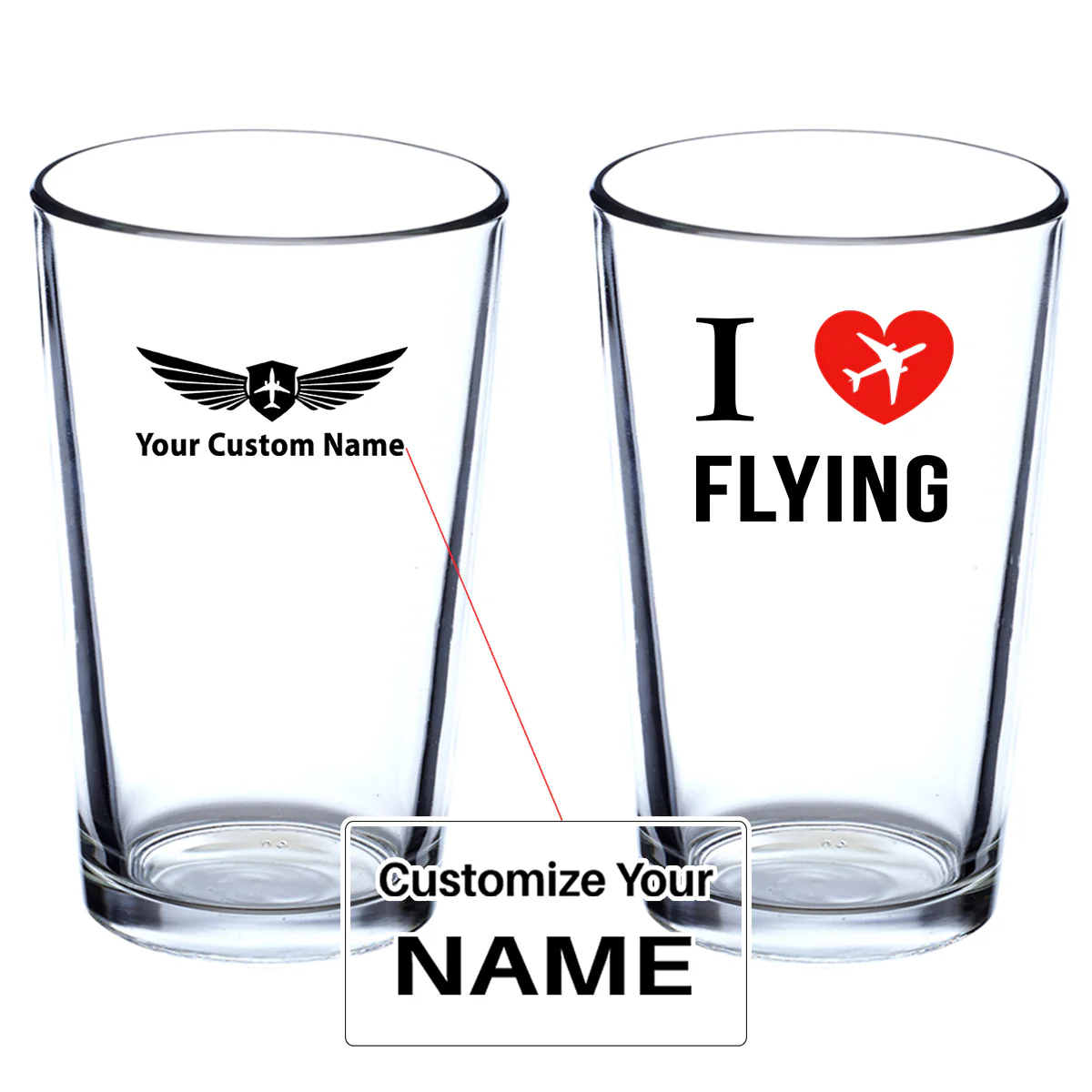 I Love Flying Designed Beer & Water Glasses