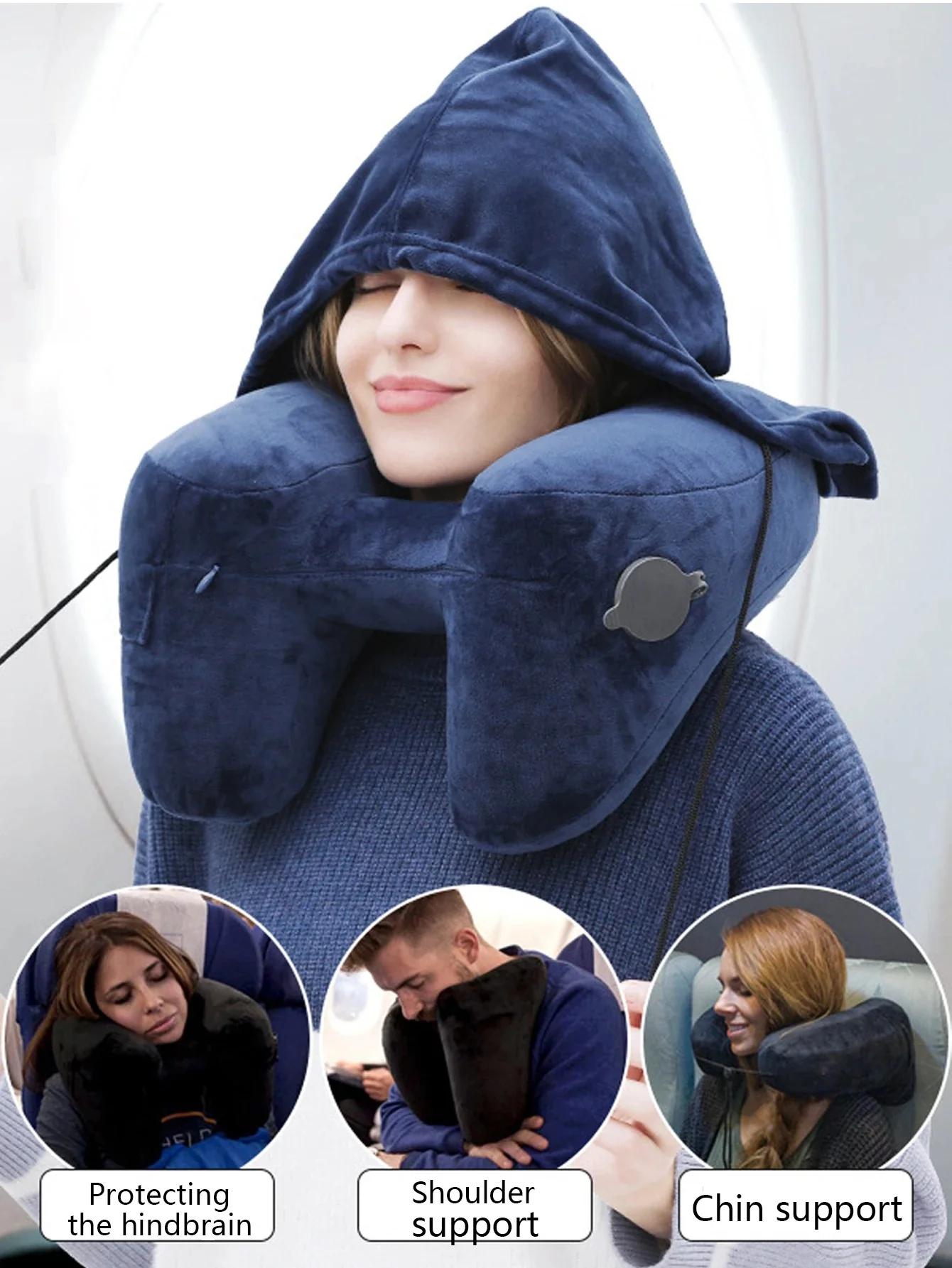 Inflatable U-Shaped Hooded Travel Neck Pillow: Portable (with Blackout Windproof Cap)