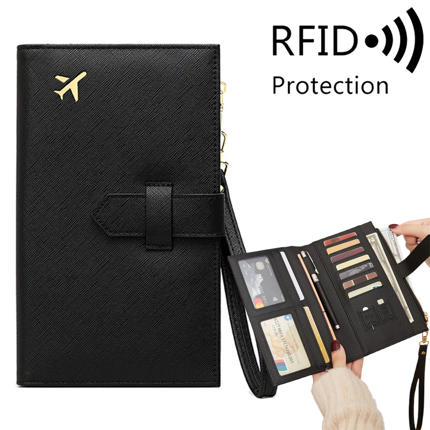 Long Size RFID Anti-Magnetic Passport Wallet Zipper Buckle Document Bag - Image 13