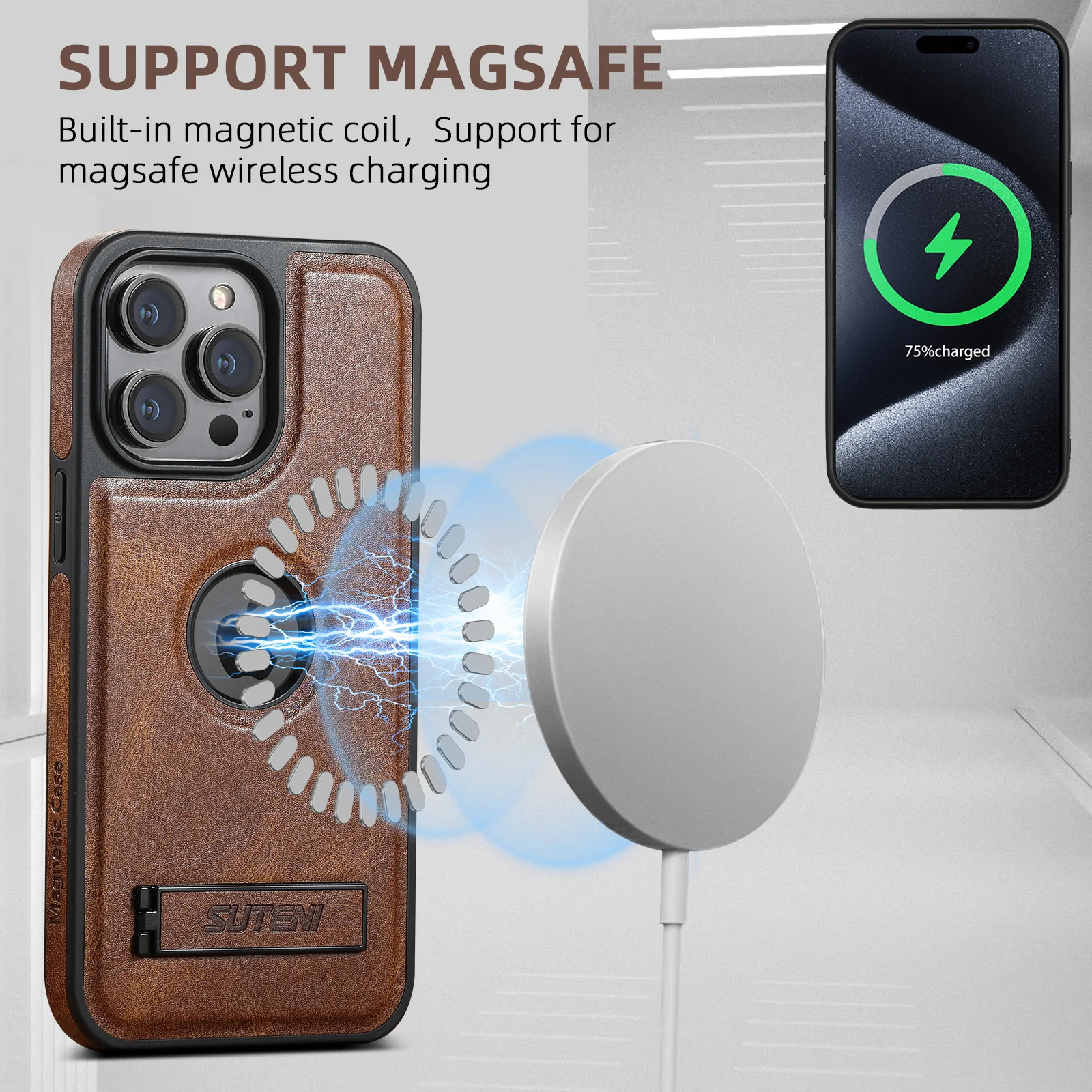 Luxury Magsafe PU Leather Hollow Phone Case with Stand - Image 3