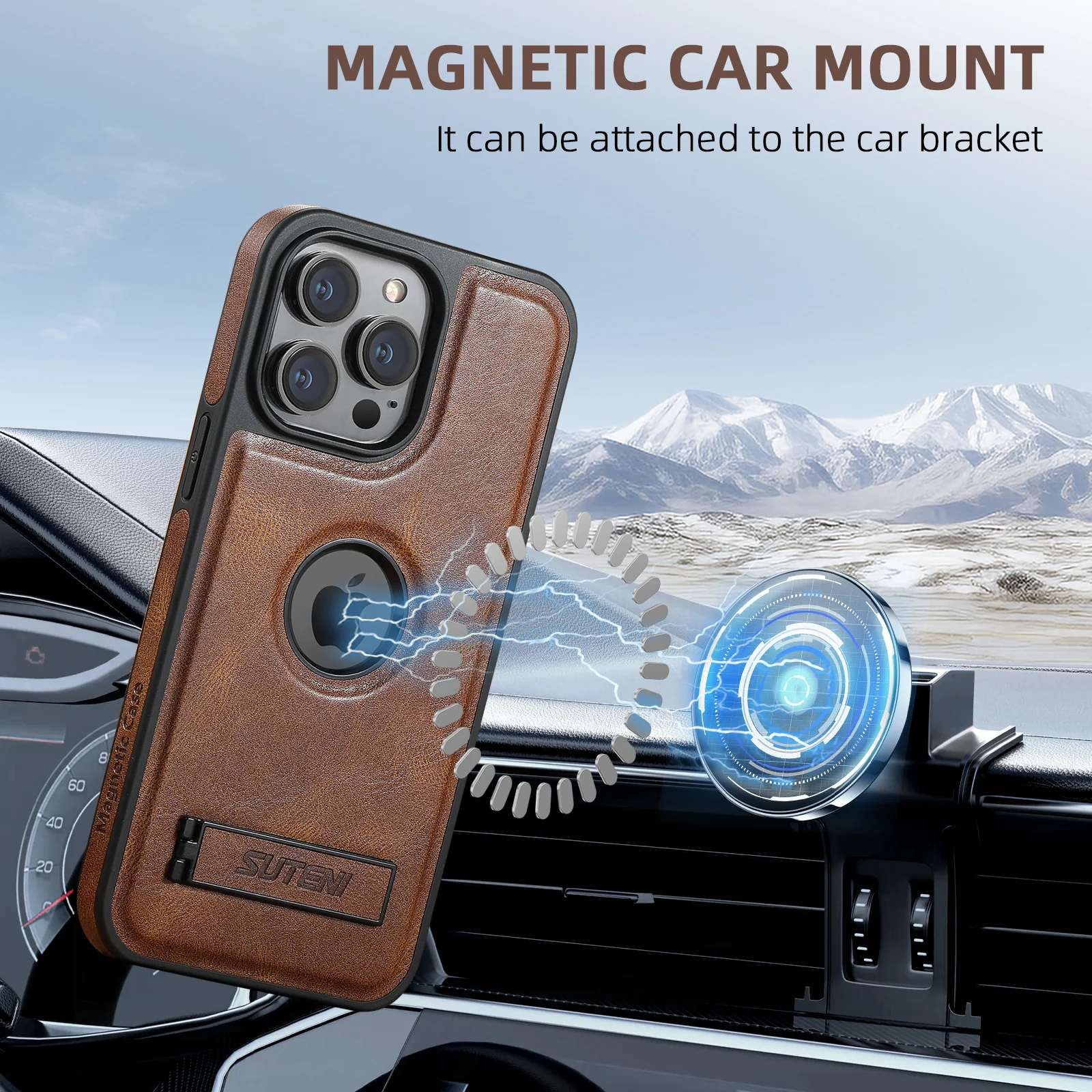 Luxury Magsafe PU Leather Hollow Phone Case with Stand - Image 4
