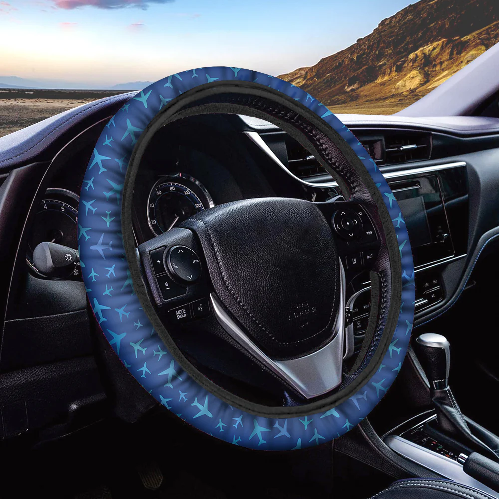 Many Airplanes Blue Designed Car Steering Wheel Cover - Image 2