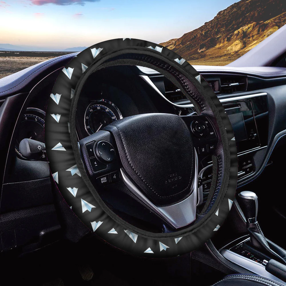 Paper Airplanes (Black) Designed Car Steering Wheel Cover - Image 2
