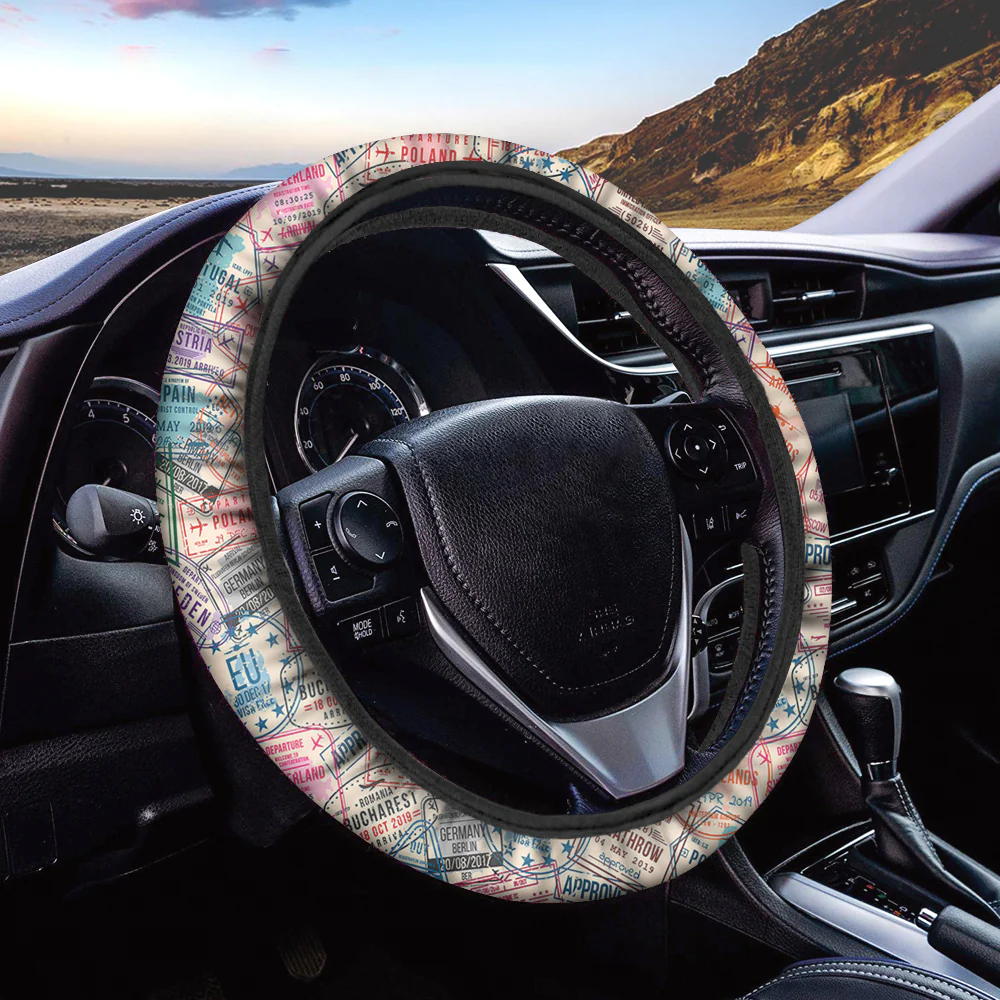 Passport Stamps Designed Car Steering Wheel Cover - Image 2